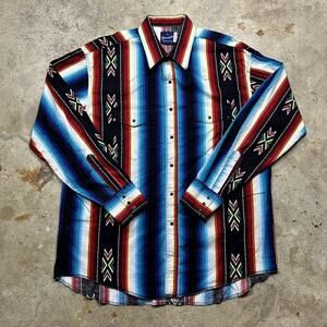 VTG 90s Wrangler Western Pearl Snap Aztec Button Up Shirt Size XL